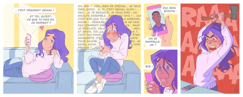 Planche BD humoristique couleur : une jeune femme perd ses moyens en visio et termine furieuse, hache en main, Coda Illustration