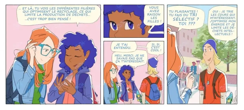 Planche BD humoristique couleur : un skater explique à deux lycéennes sa propre version du tri sélectif, Coda Illustration