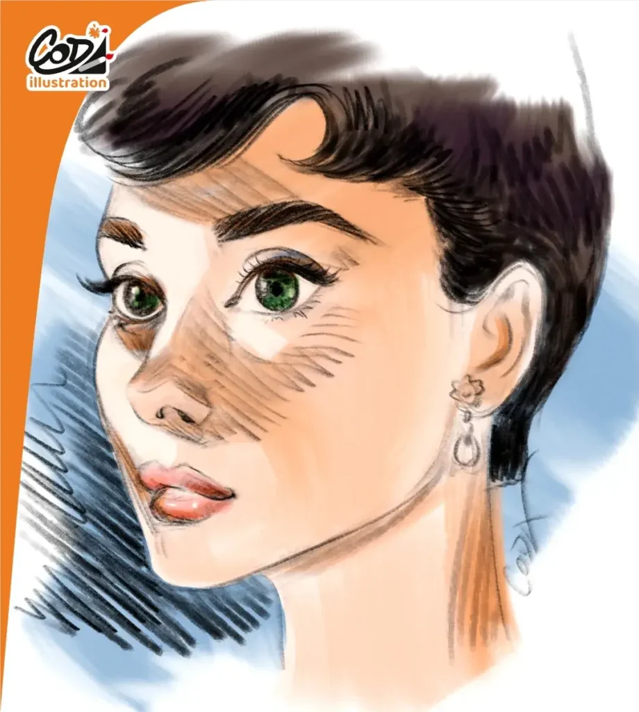 Portrait sensible d'Audrey Hepburn au crayon à papier mis en couleur, illustration originale Coda Illustration