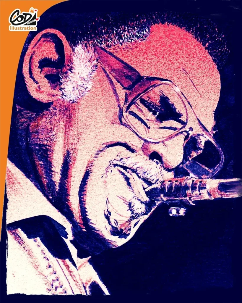Portrait expressif de Dexter Gordon aux encres de couleur, illustration originale Coda Illustration