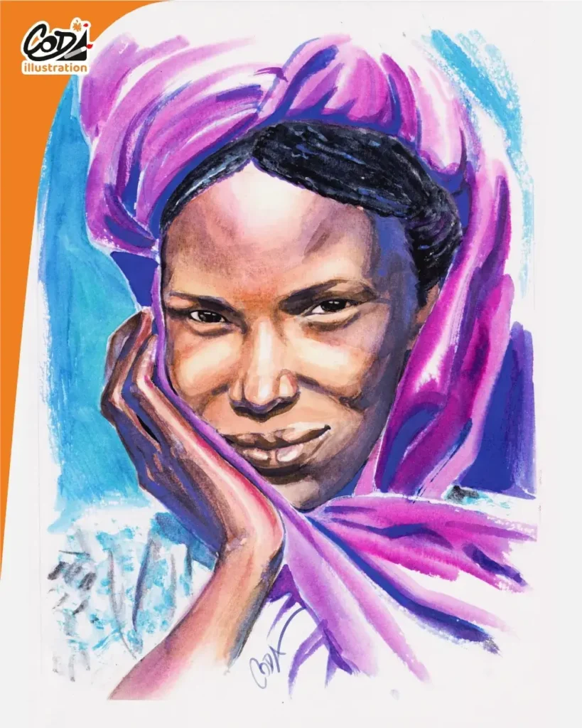 Portrait à l'aquarelle d'une jeune femme africaine au turban, illustration originale Coda Illustration