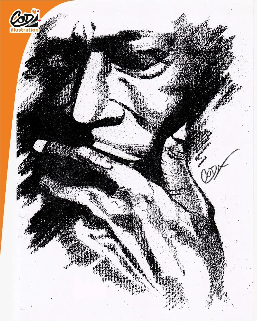 Portrait expressif et texturé de Miles Davis au crayon, noir et blanc, illustration originale Coda Illustration
