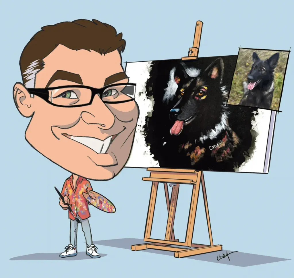 Artiste peintre réalisant une peinture originale sur textile : portrait personnalisé de chien d’après photo