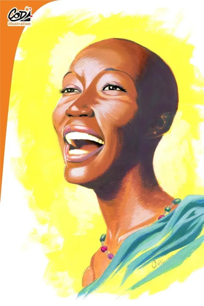 Portrait vivant de Rokia Traoré à la gouache en couleur, illustration originale Coda Illustration