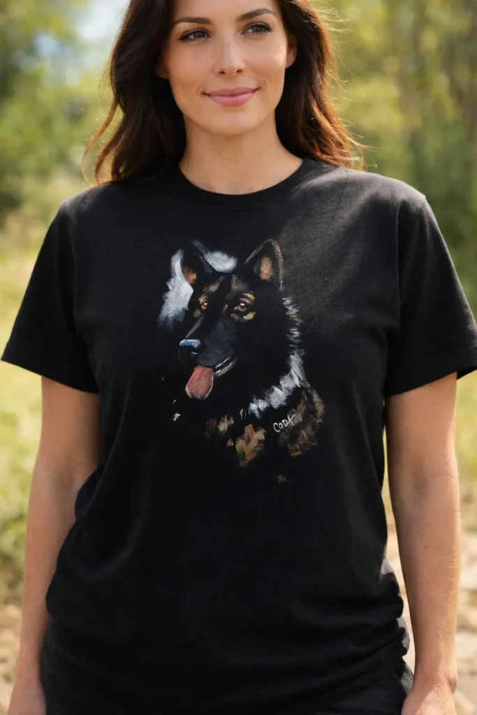 Œuvre unique : berger allemand peint à la main sur t-shirt en coton bio, porté par une jeune femme en décor naturel
