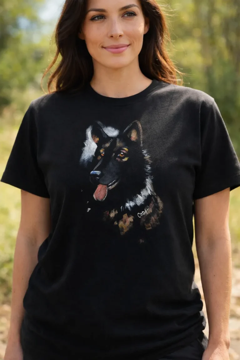 Œuvre unique : berger allemand peint à la main sur t-shirt en coton bio, porté par une jeune femme en décor naturel