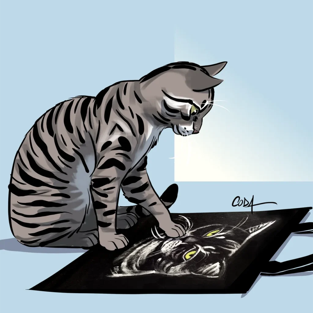 Chat assis posant la patte sur son portrait personnalisé peint à la main sur tote bag en coton naturel