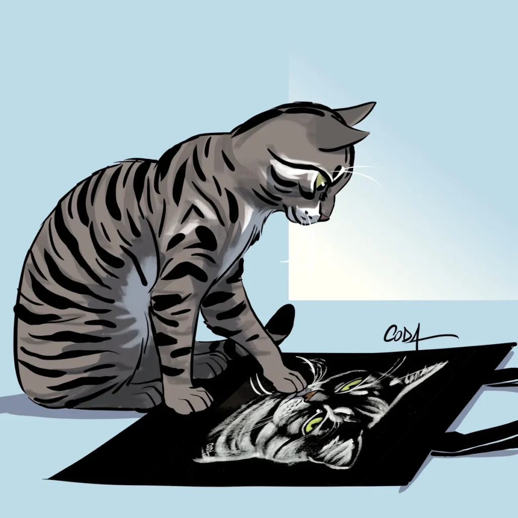 Chat assis posant la patte sur son portrait personnalisé peint à la main sur tote bag en coton naturel