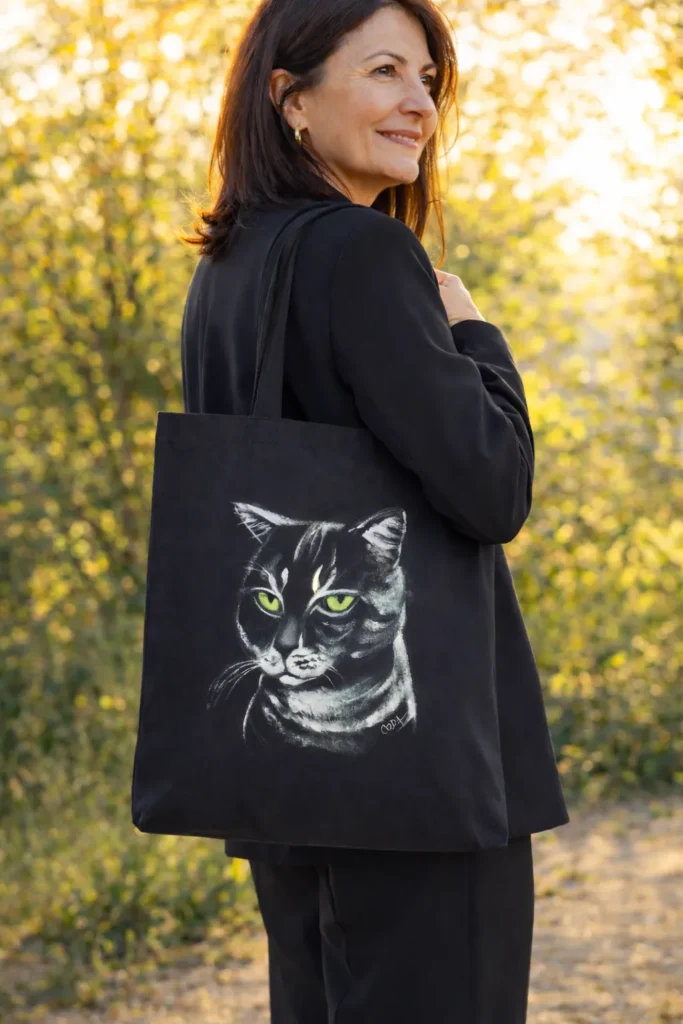 Tote-bag noir peint à la main avec portrait de chat tigré, porté par une femme élégante en promenade dans un bois ensoleillé.