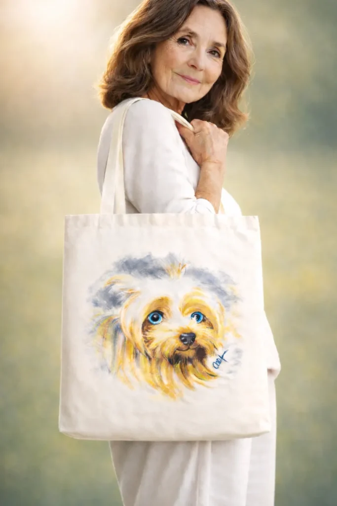Tote-bag écru peint à la main avec portrait de chien yorkshire, porté par une femme élégante dans un champ ensoleillé.