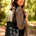 Tote-bag noir peint à la main avec portrait de chat tigré, porté par une femme élégante en promenade dans un bois ensoleillé.