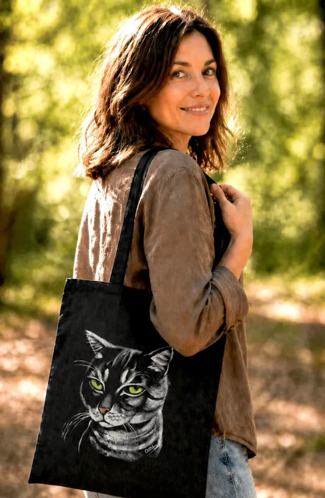 Tote-bag noir peint à la main avec portrait de chat tigré, porté par une femme élégante en promenade dans un bois ensoleillé.
