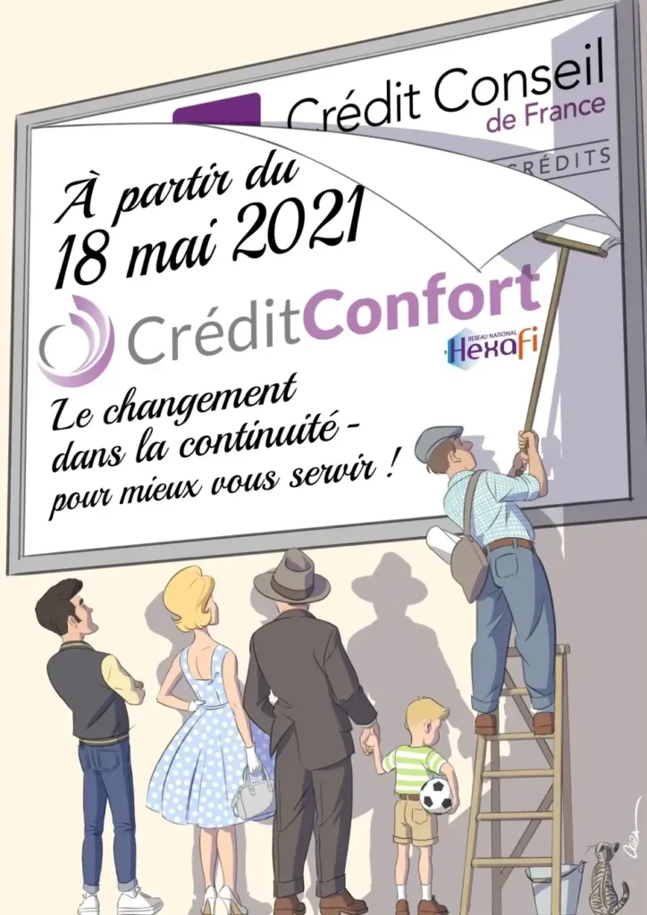 Illustration style BD vintage représentant des passants et un chat qui observent un colleur d'affiche dans les années 50.