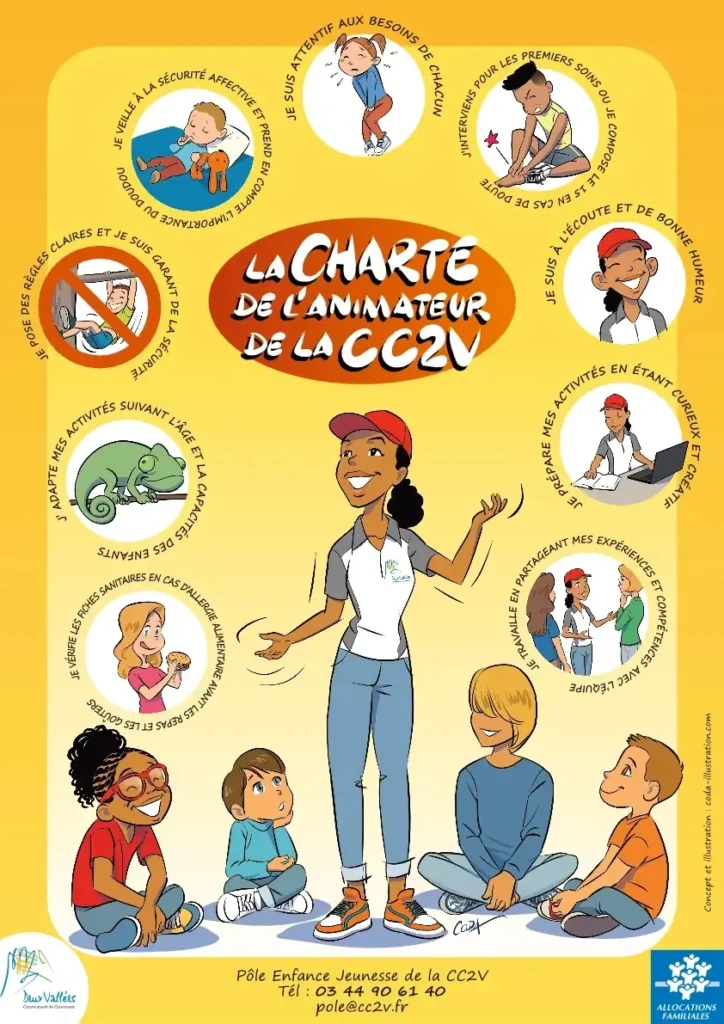 Affiche pédagogique illustrée en style BD de la Charte de l'animateur, représentant une animatrice jonglant avec ses différentes responsabilités