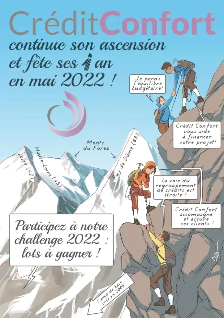 Illustration BD rétro d'une cordée escaladant une montagne enneigée, inspirée de l'alpinisme des années 1950