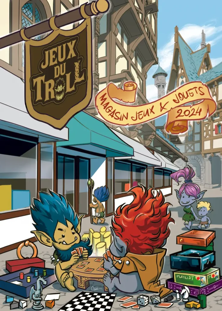 Couverture du catalogue d'un magasin de jeux. Illustration style BD fantasy humoristique : 2 petits trolls jouent aux cartes