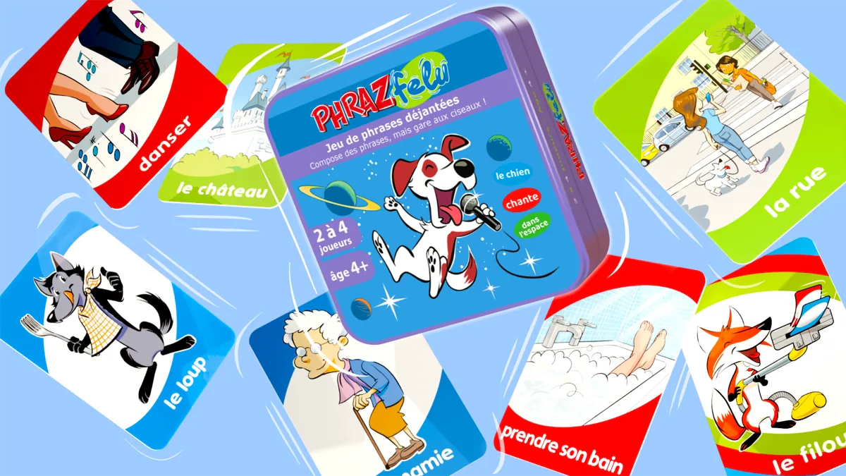 Boîte du jeu pédagogique PhraZfelu entourée de cartes illustrées, identité visuelle et illustrations réalisées par Coda Illustration.